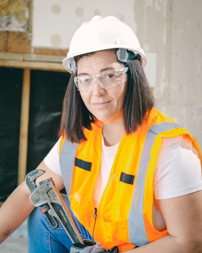 A licensed Tidewell plumber in safety gear holding a pipe wrench on site